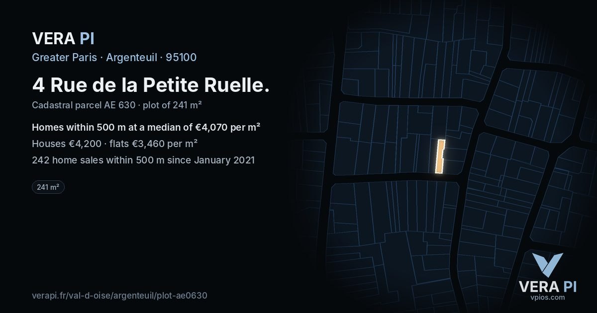 4 Rue de la Petite Ruelle, Argenteuil at night – the plot lit, the parcels around coloured by the prices near them