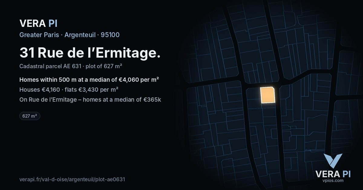 31 Rue de l’Ermitage, Argenteuil at night – the plot lit, the parcels around coloured by the prices near them