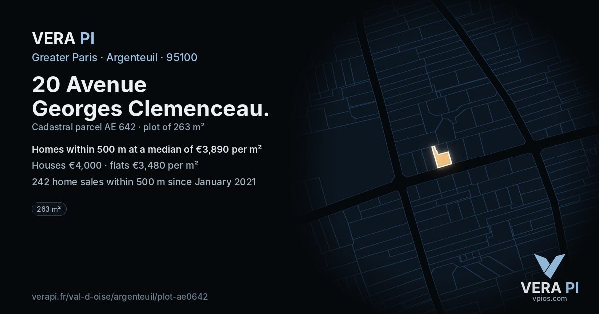 20 Avenue Georges Clemenceau, Argenteuil at night – the plot lit, the parcels around coloured by the prices near them