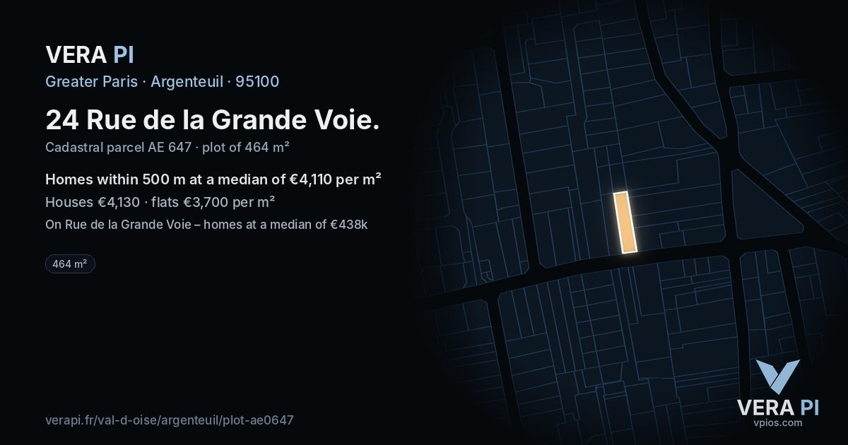 24 Rue de la Grande Voie, Argenteuil at night – the plot lit, the parcels around coloured by the prices near them