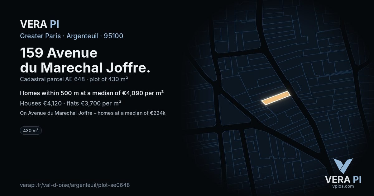 159 Avenue du Marechal Joffre, Argenteuil at night – the plot lit, the parcels around coloured by the prices near them