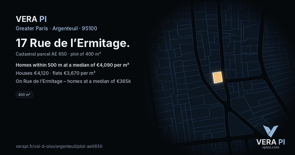 17 Rue de l’Ermitage, Argenteuil at night – the plot lit, the parcels around coloured by the prices near them