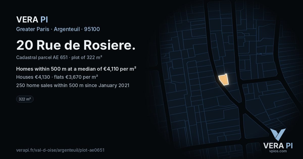 20 Rue de Rosiere, Argenteuil at night – the plot lit, the parcels around coloured by the prices near them