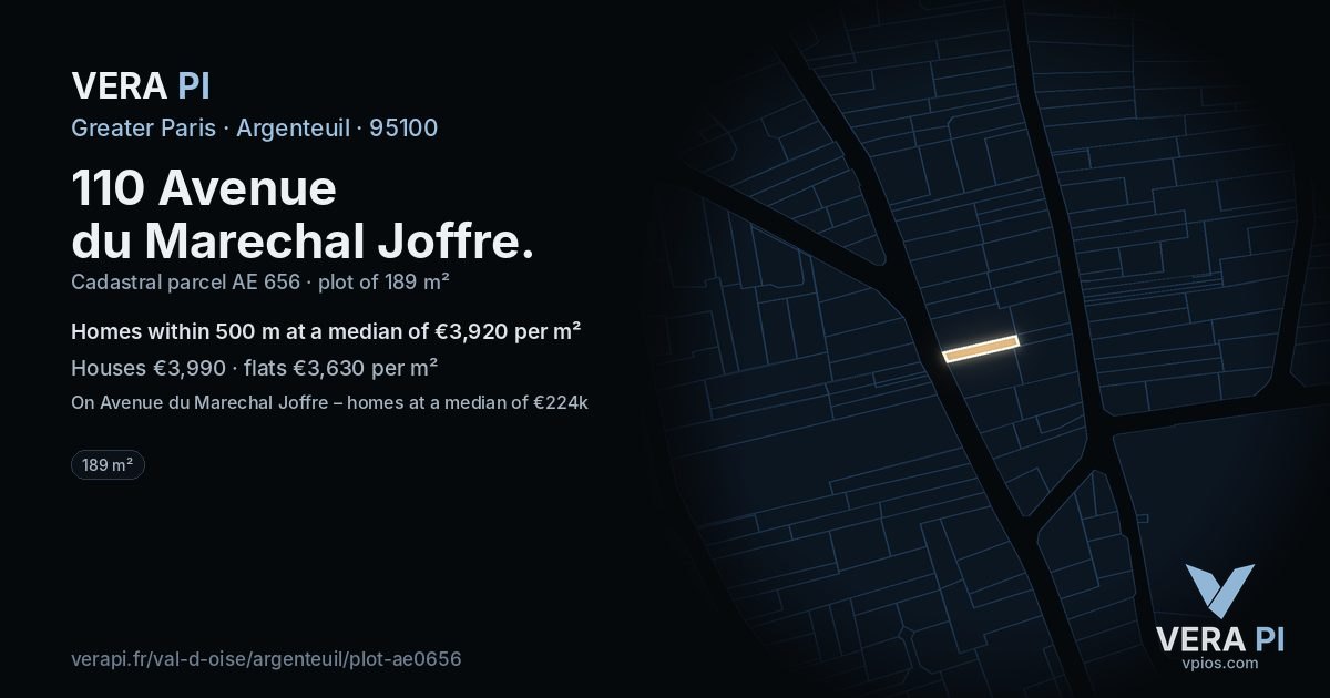 110 Avenue du Marechal Joffre, Argenteuil at night – the plot lit, the parcels around coloured by the prices near them