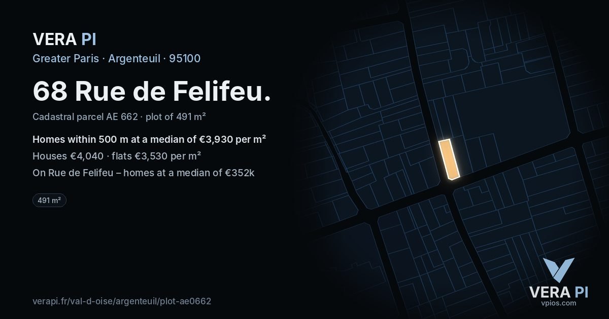 68 Rue de Felifeu, Argenteuil at night – the plot lit, the parcels around coloured by the prices near them