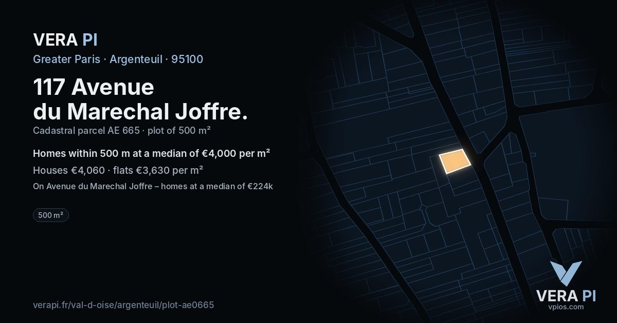 117 Avenue du Marechal Joffre, Argenteuil at night – the plot lit, the parcels around coloured by the prices near them