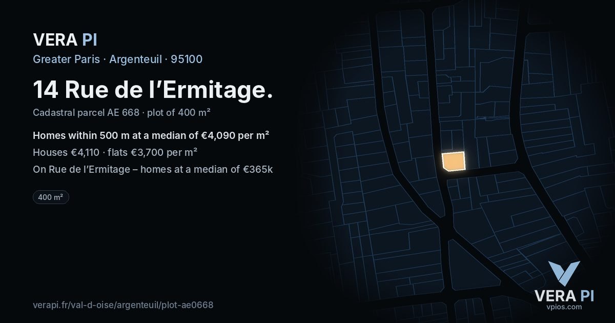 14 Rue de l’Ermitage, Argenteuil at night – the plot lit, the parcels around coloured by the prices near them