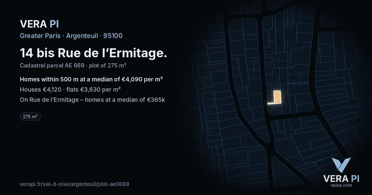 14 bis Rue de l’Ermitage, Argenteuil at night – the plot lit, the parcels around coloured by the prices near them