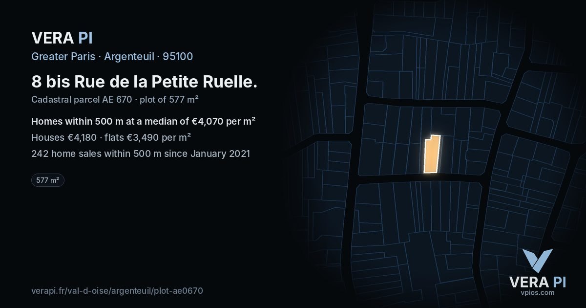 8 bis Rue de la Petite Ruelle, Argenteuil at night – the plot lit, the parcels around coloured by the prices near them
