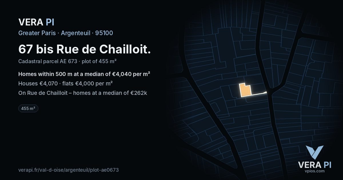 67 bis Rue de Chailloit, Argenteuil at night – the plot lit, the parcels around coloured by the prices near them