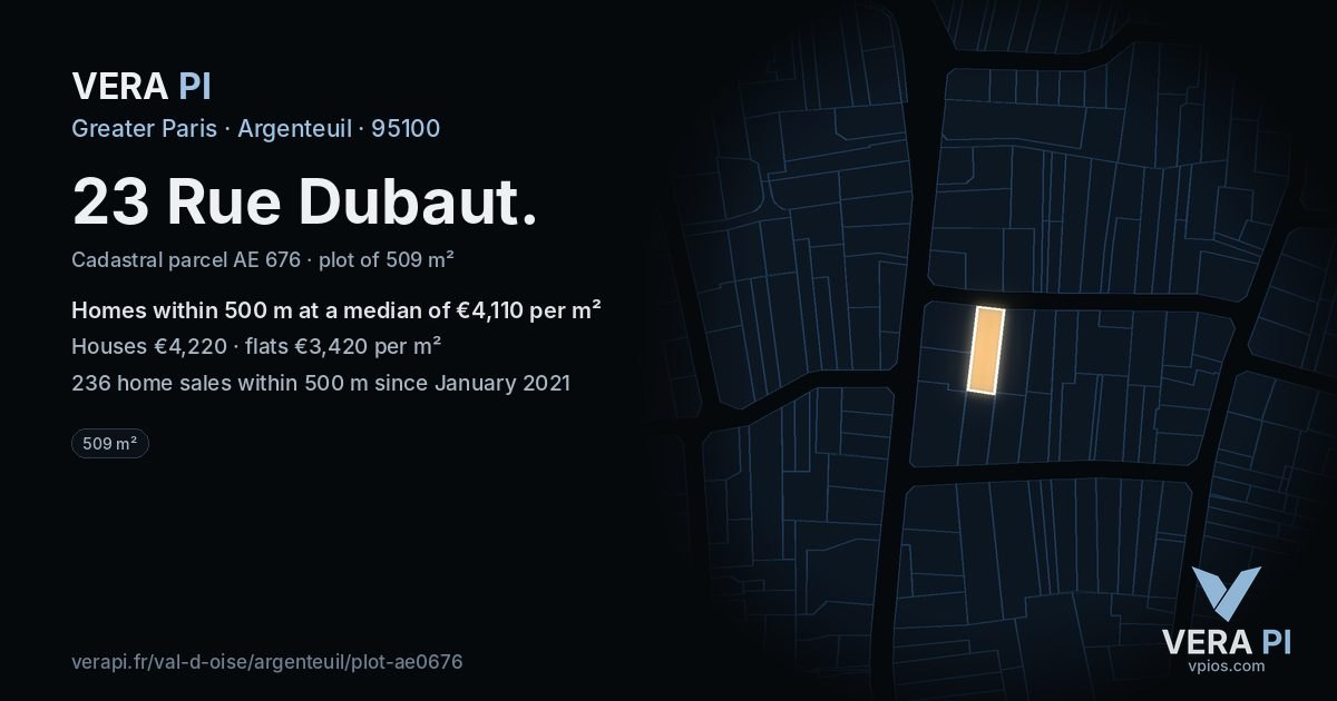 23 Rue Dubaut, Argenteuil at night – the plot lit, the parcels around coloured by the prices near them