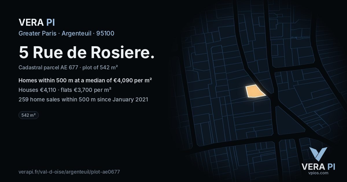 5 Rue de Rosiere, Argenteuil at night – the plot lit, the parcels around coloured by the prices near them