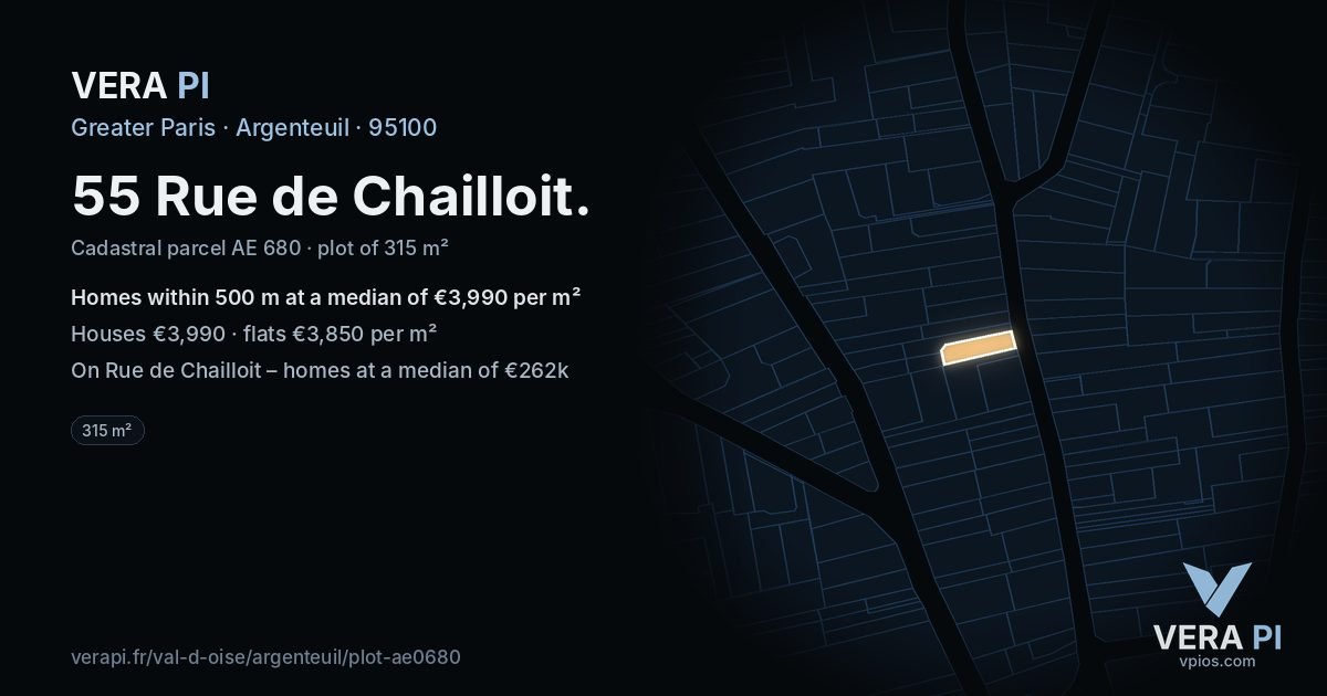55 Rue de Chailloit, Argenteuil at night – the plot lit, the parcels around coloured by the prices near them
