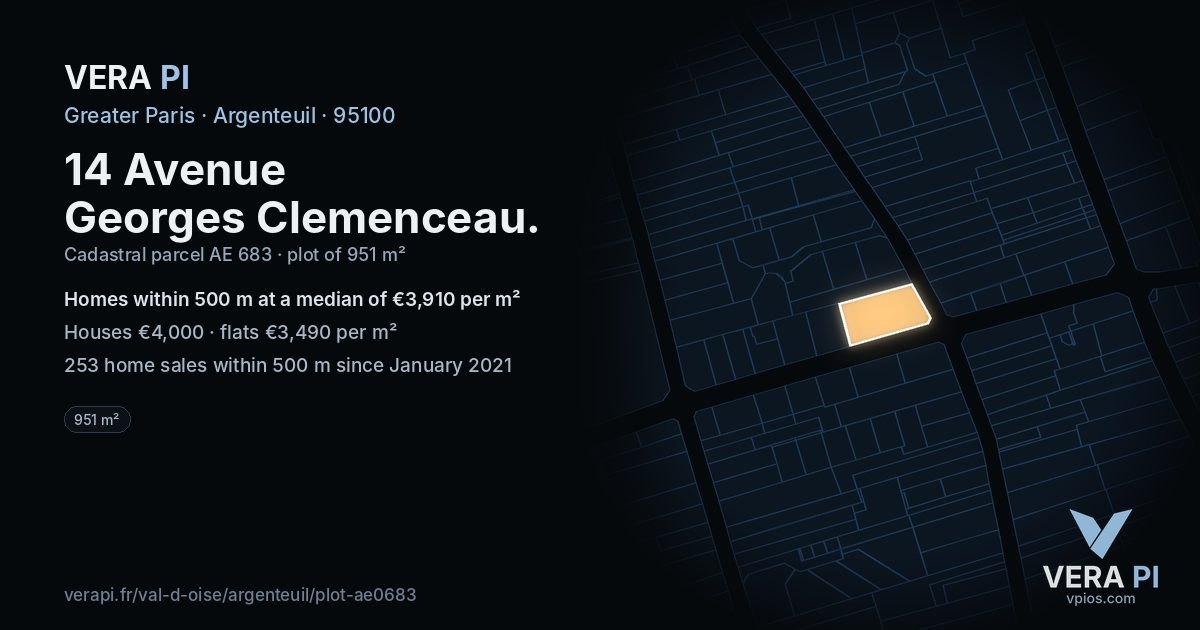 14 Avenue Georges Clemenceau, Argenteuil at night – the plot lit, the parcels around coloured by the prices near them