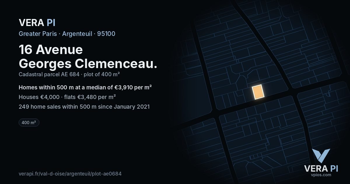 16 Avenue Georges Clemenceau, Argenteuil at night – the plot lit, the parcels around coloured by the prices near them