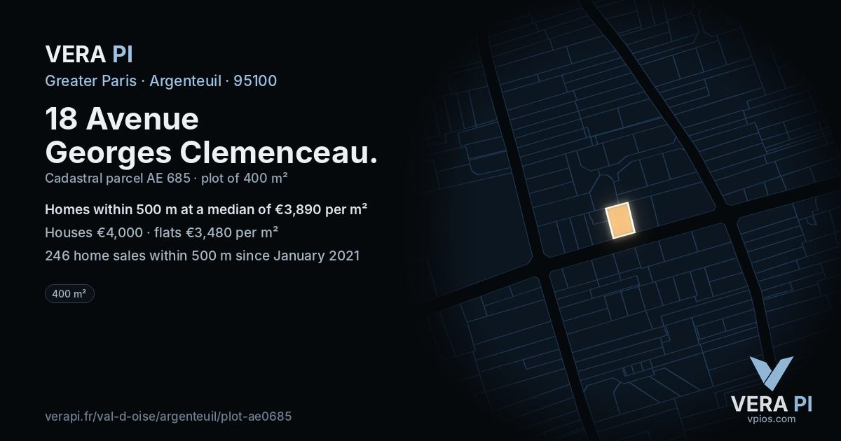 18 Avenue Georges Clemenceau, Argenteuil at night – the plot lit, the parcels around coloured by the prices near them