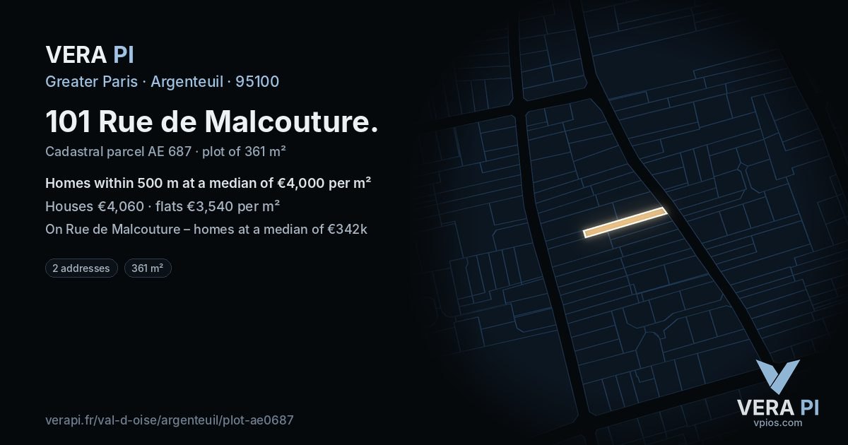 101 Rue de Malcouture, Argenteuil at night – the plot lit, the parcels around coloured by the prices near them