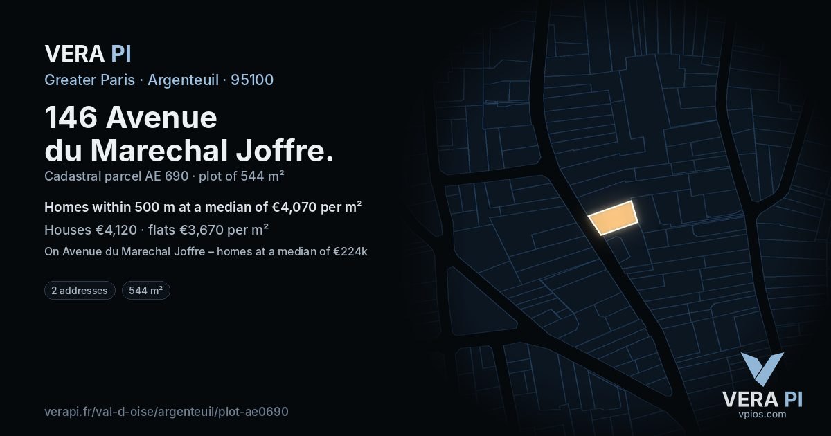 146 Avenue du Marechal Joffre, Argenteuil at night – the plot lit, the parcels around coloured by the prices near them