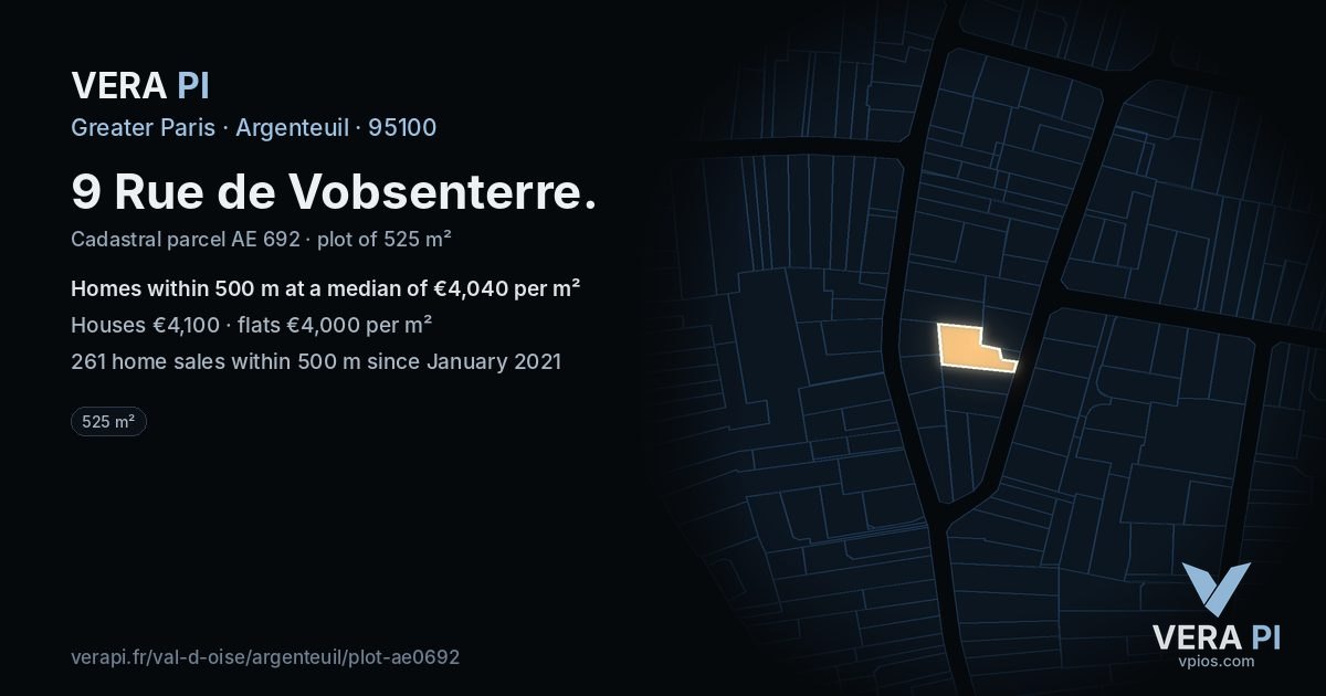 9 Rue de Vobsenterre, Argenteuil at night – the plot lit, the parcels around coloured by the prices near them