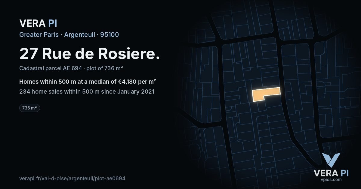 27 Rue de Rosiere, Argenteuil at night – the plot lit, the parcels around coloured by the prices near them