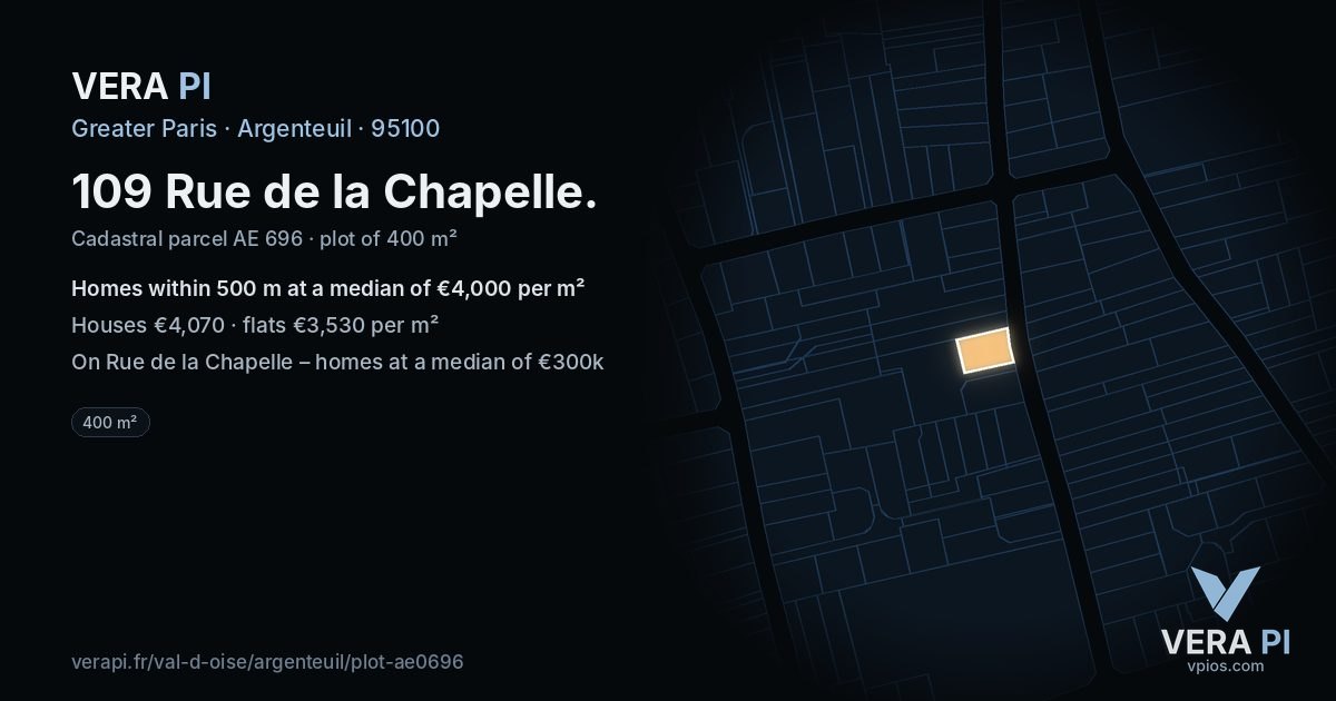 109 Rue de la Chapelle, Argenteuil at night – the plot lit, the parcels around coloured by the prices near them