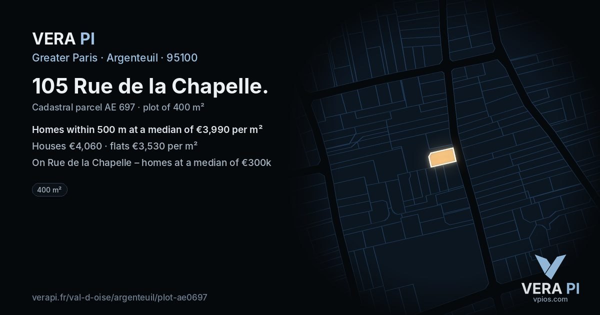 105 Rue de la Chapelle, Argenteuil at night – the plot lit, the parcels around coloured by the prices near them