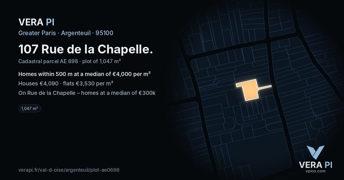 107 Rue de la Chapelle, Argenteuil at night – the plot lit, the parcels around coloured by the prices near them