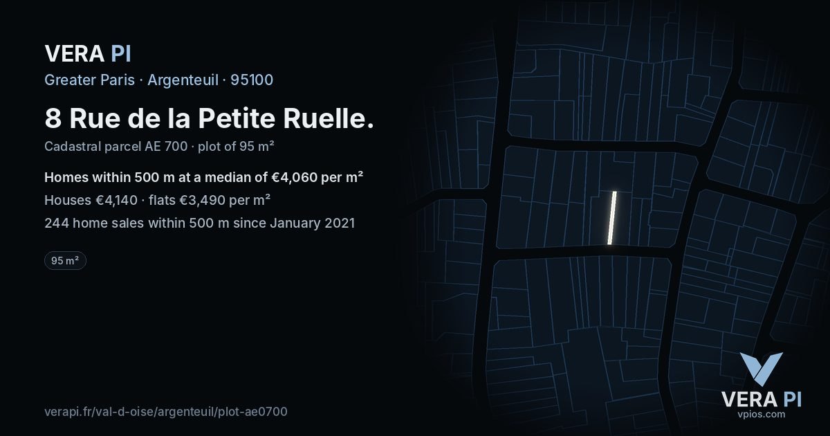 8 Rue de la Petite Ruelle, Argenteuil at night – the plot lit, the parcels around coloured by the prices near them