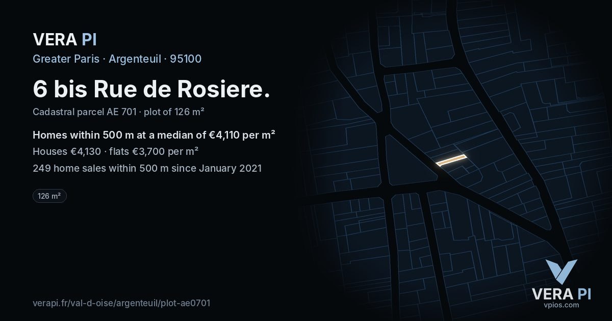 6 bis Rue de Rosiere, Argenteuil at night – the plot lit, the parcels around coloured by the prices near them