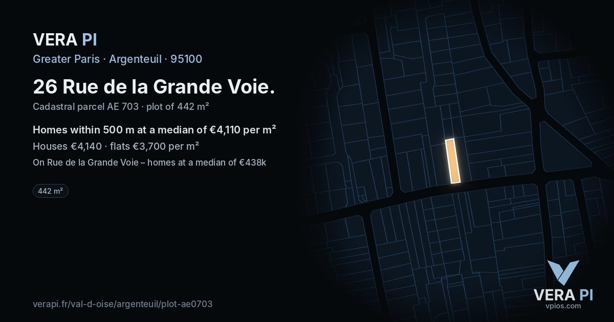 26 Rue de la Grande Voie, Argenteuil at night – the plot lit, the parcels around coloured by the prices near them