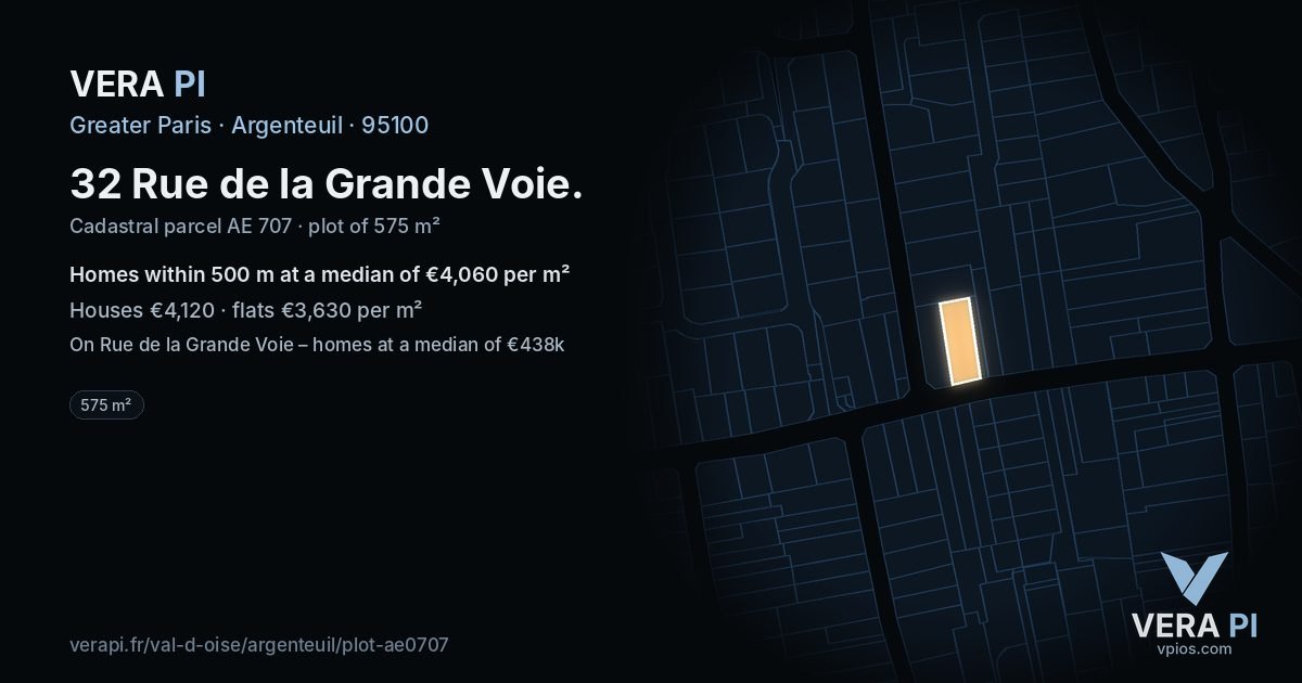 32 Rue de la Grande Voie, Argenteuil at night – the plot lit, the parcels around coloured by the prices near them
