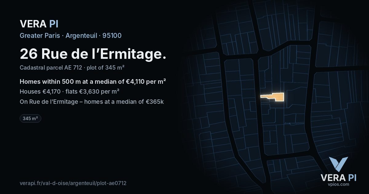 26 Rue de l’Ermitage, Argenteuil at night – the plot lit, the parcels around coloured by the prices near them