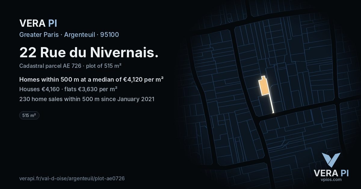 22 Rue du Nivernais, Argenteuil at night – the plot lit, the parcels around coloured by the prices near them