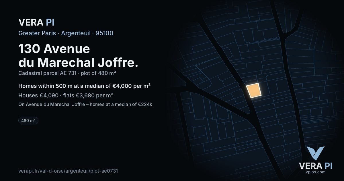 130 Avenue du Marechal Joffre, Argenteuil at night – the plot lit, the parcels around coloured by the prices near them