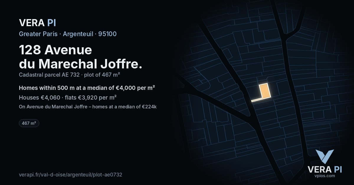 128 Avenue du Marechal Joffre, Argenteuil at night – the plot lit, the parcels around coloured by the prices near them