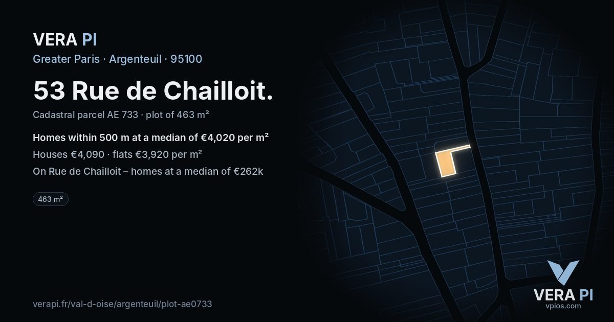 53 Rue de Chailloit, Argenteuil at night – the plot lit, the parcels around coloured by the prices near them