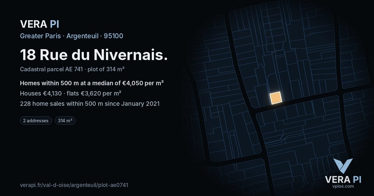 18 Rue du Nivernais, Argenteuil at night – the plot lit, the parcels around coloured by the prices near them