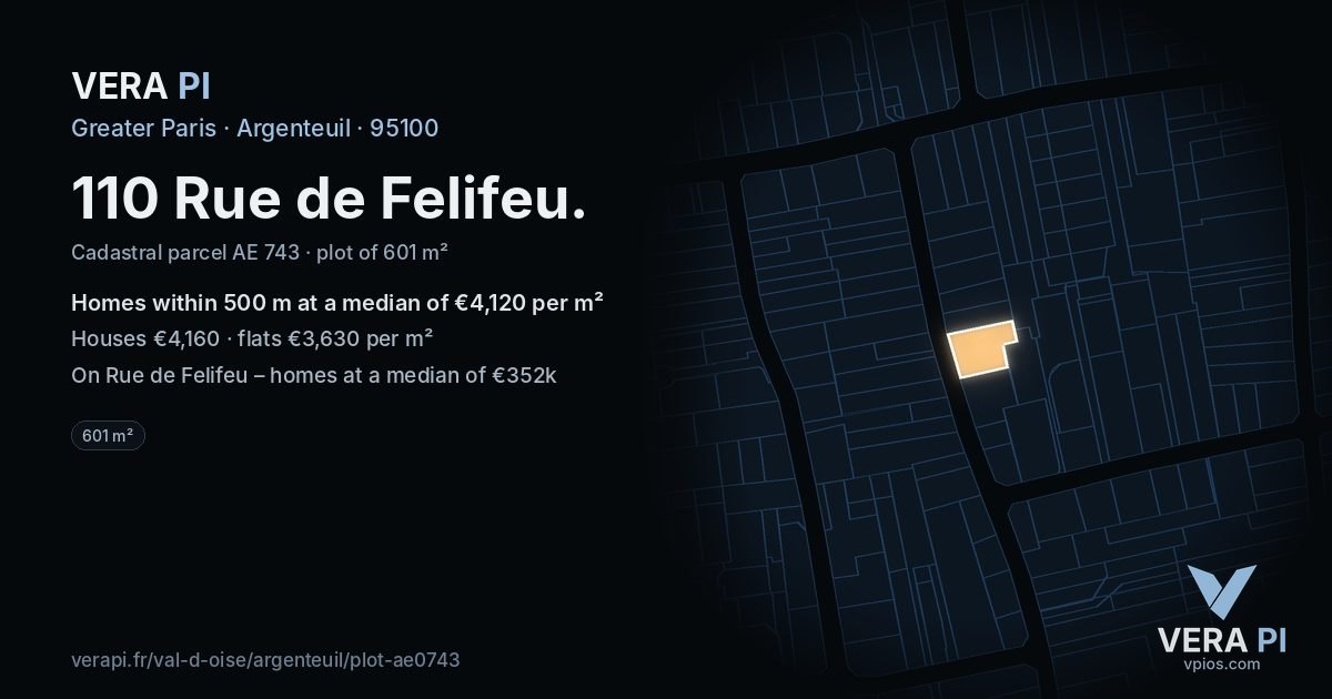 110 Rue de Felifeu, Argenteuil at night – the plot lit, the parcels around coloured by the prices near them
