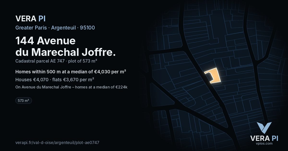 144 Avenue du Marechal Joffre, Argenteuil at night – the plot lit, the parcels around coloured by the prices near them