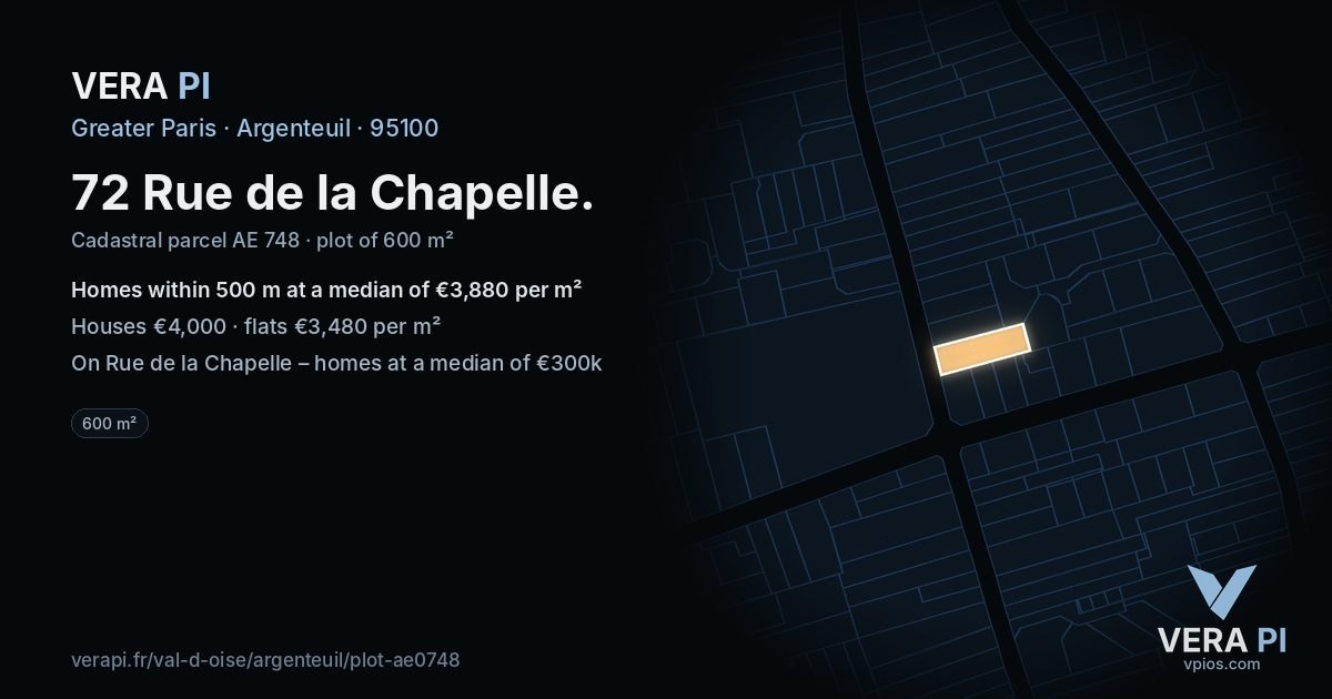 72 Rue de la Chapelle, Argenteuil at night – the plot lit, the parcels around coloured by the prices near them