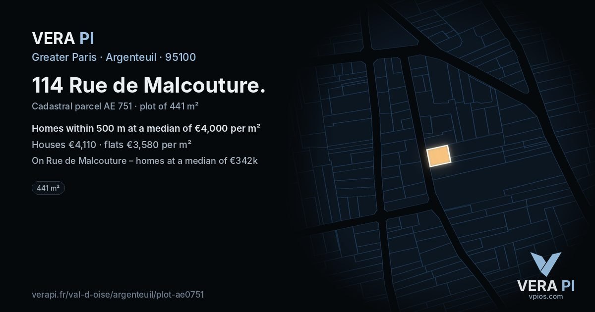 114 Rue de Malcouture, Argenteuil at night – the plot lit, the parcels around coloured by the prices near them