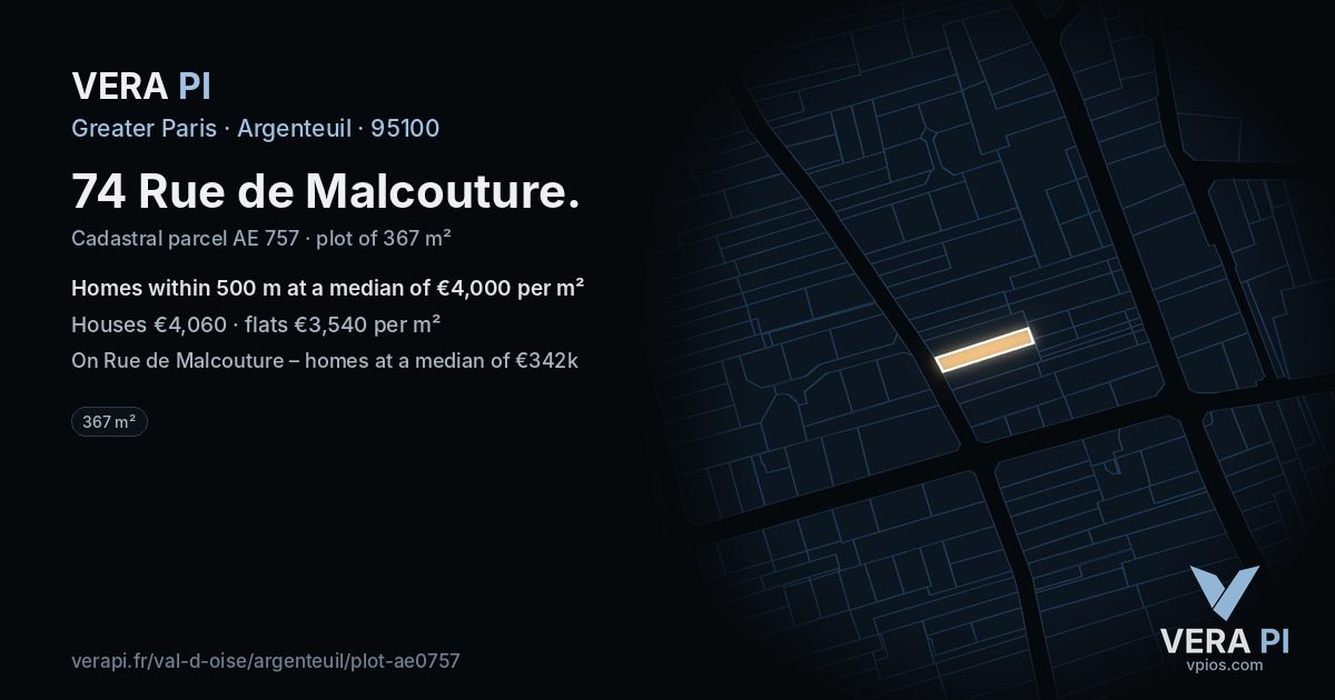 74 Rue de Malcouture, Argenteuil at night – the plot lit, the parcels around coloured by the prices near them