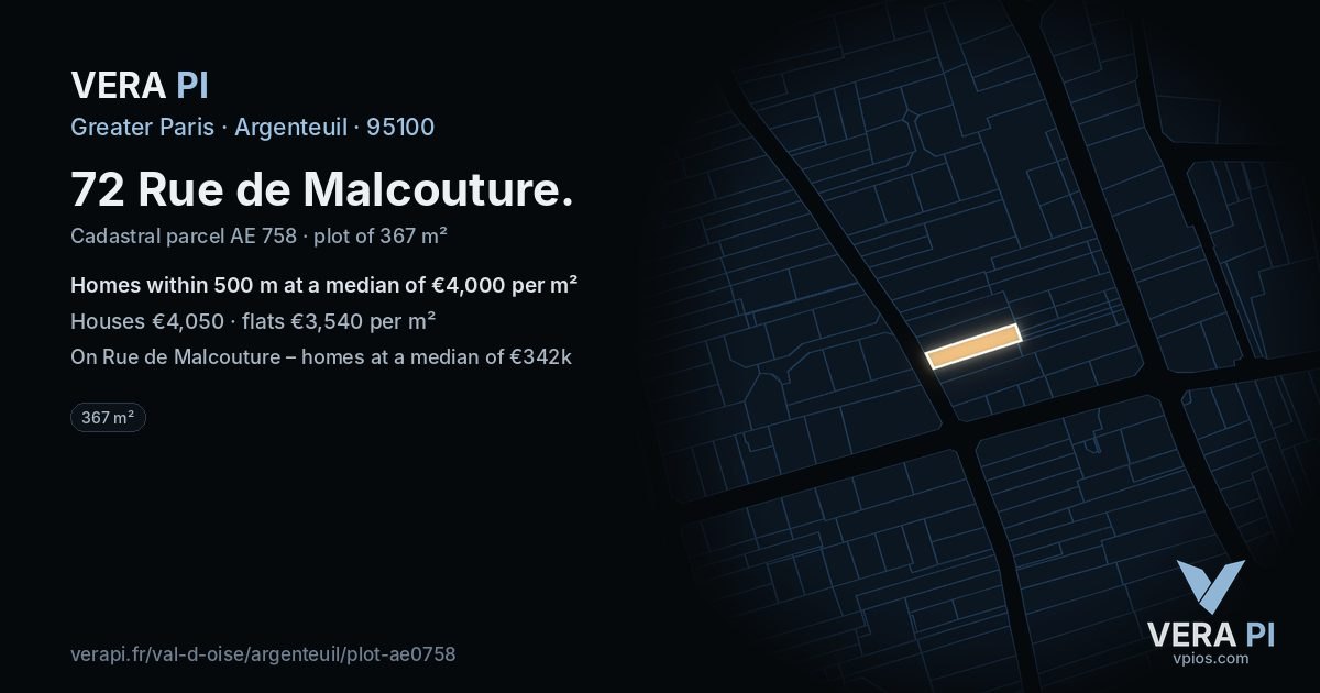 72 Rue de Malcouture, Argenteuil at night – the plot lit, the parcels around coloured by the prices near them
