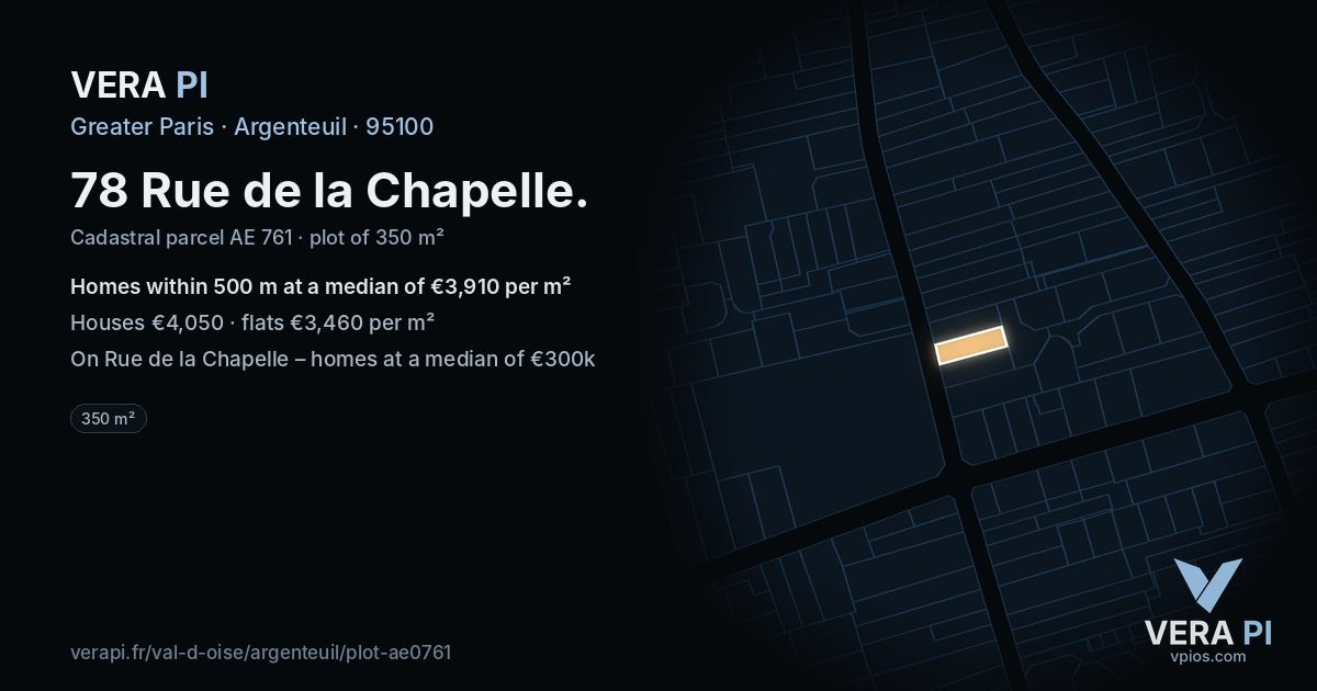 78 Rue de la Chapelle, Argenteuil at night – the plot lit, the parcels around coloured by the prices near them