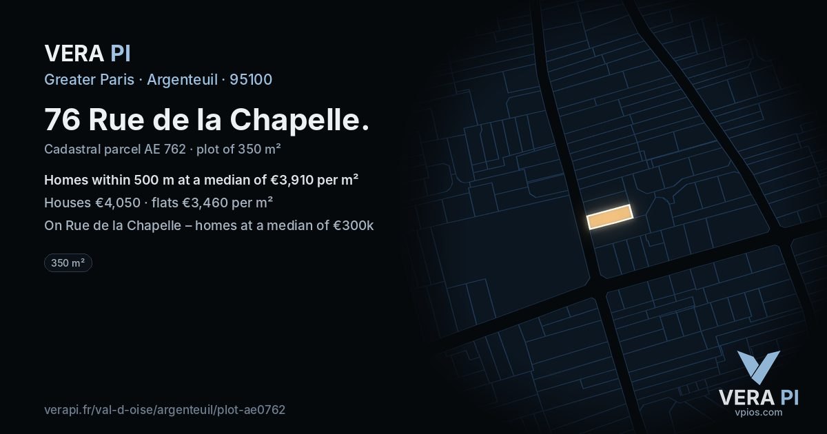 76 Rue de la Chapelle, Argenteuil at night – the plot lit, the parcels around coloured by the prices near them