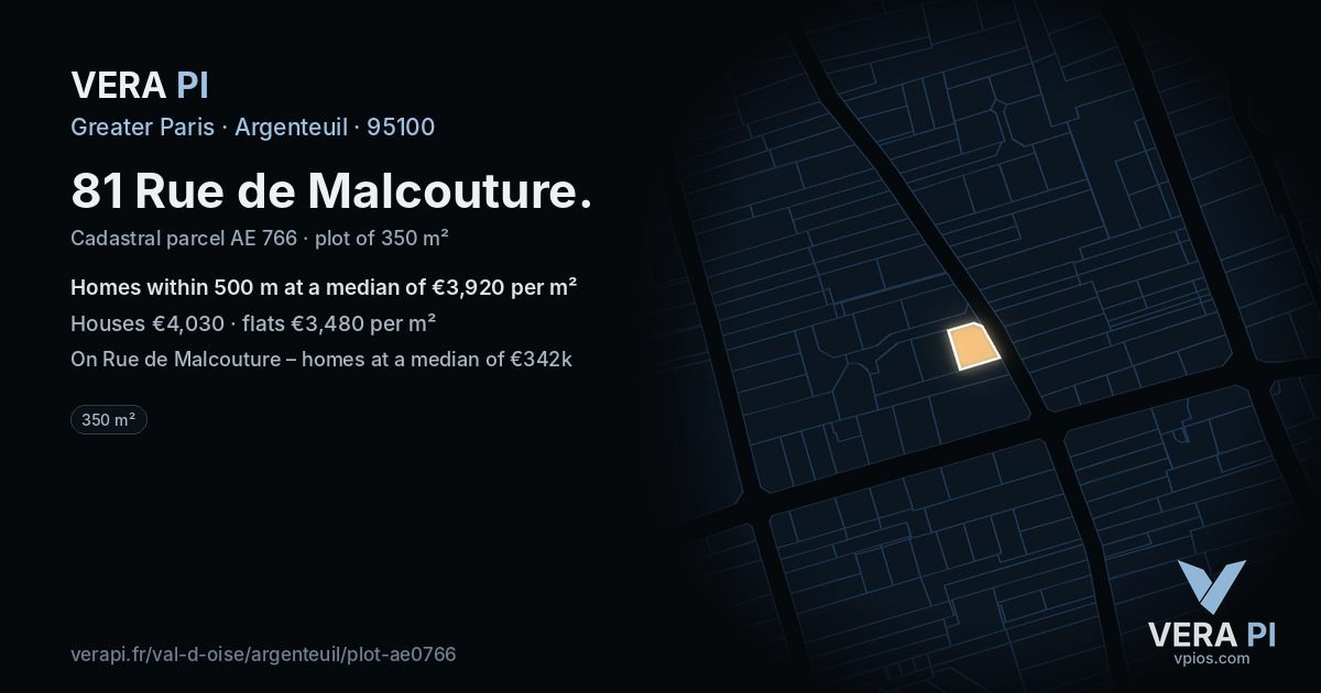 81 Rue de Malcouture, Argenteuil at night – the plot lit, the parcels around coloured by the prices near them