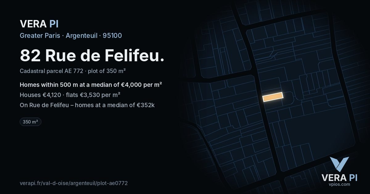 82 Rue de Felifeu, Argenteuil at night – the plot lit, the parcels around coloured by the prices near them