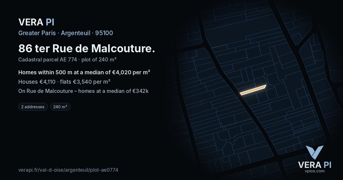 86 ter Rue de Malcouture, Argenteuil at night – the plot lit, the parcels around coloured by the prices near them