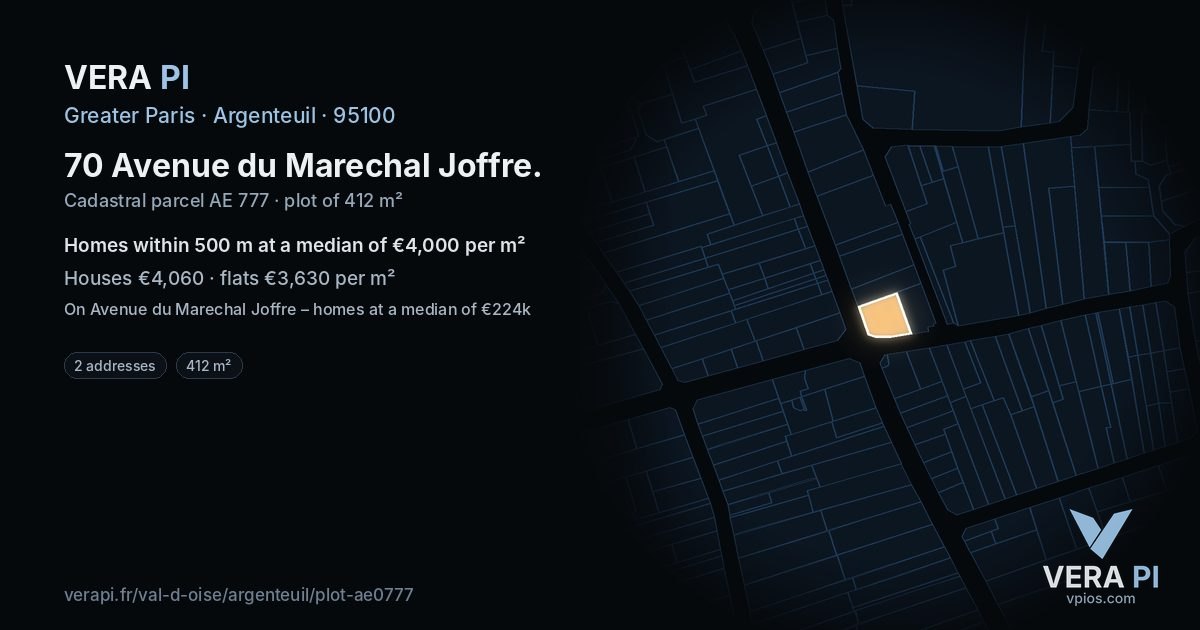 70 Avenue du Marechal Joffre, Argenteuil at night – the plot lit, the parcels around coloured by the prices near them
