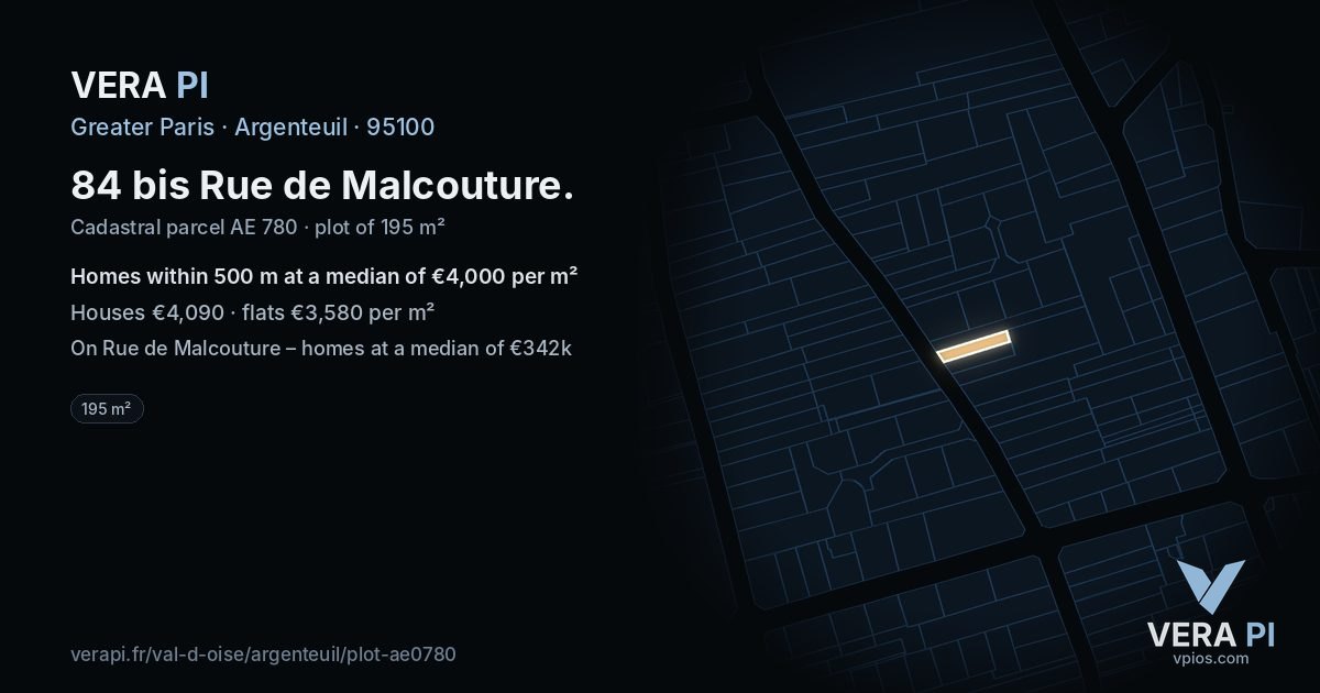 84 bis Rue de Malcouture, Argenteuil at night – the plot lit, the parcels around coloured by the prices near them